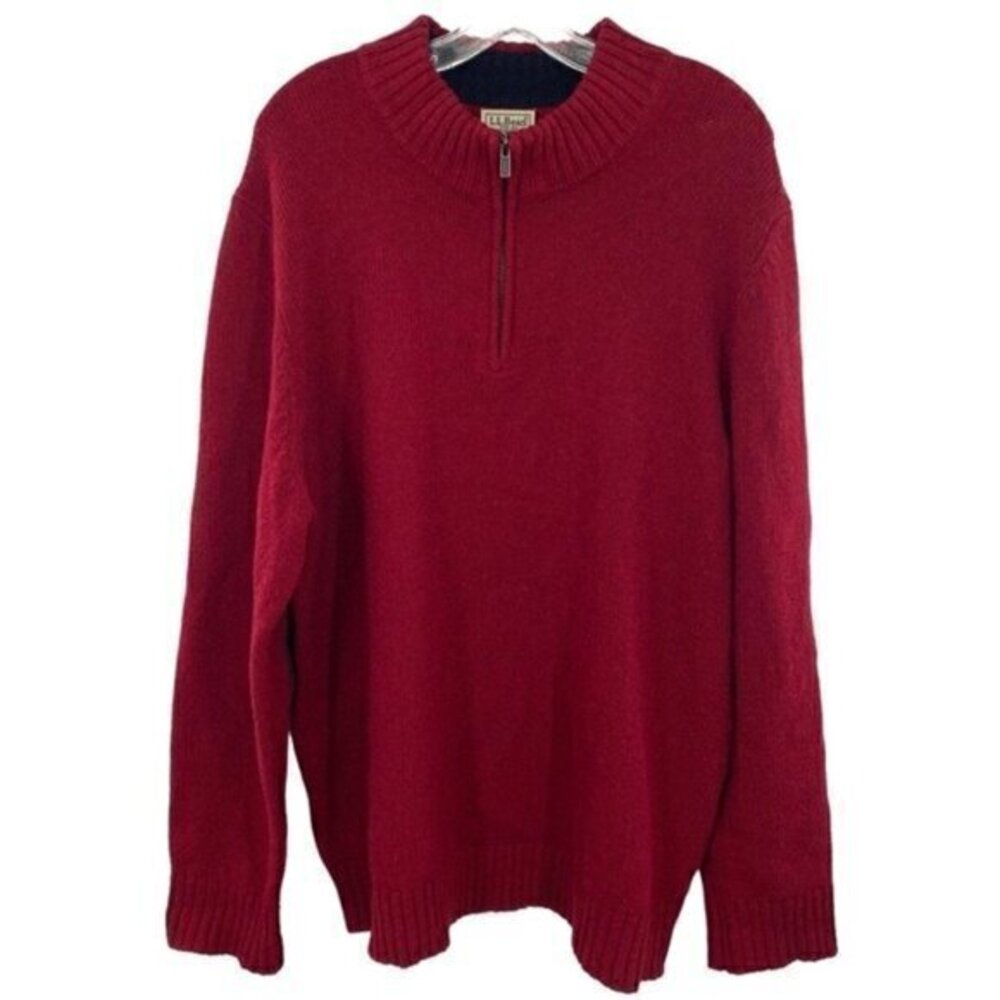 L.L. Bean Men's Red Shetland Wool Quarter Zip Patched Elbow Pullover Sweater